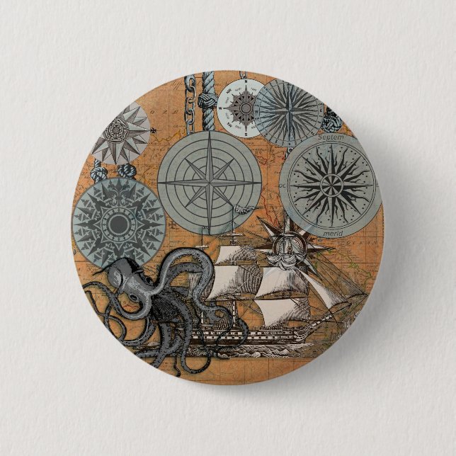 Compass Rose Vintage Nautical Octopus Ship Pinback Button (Front)