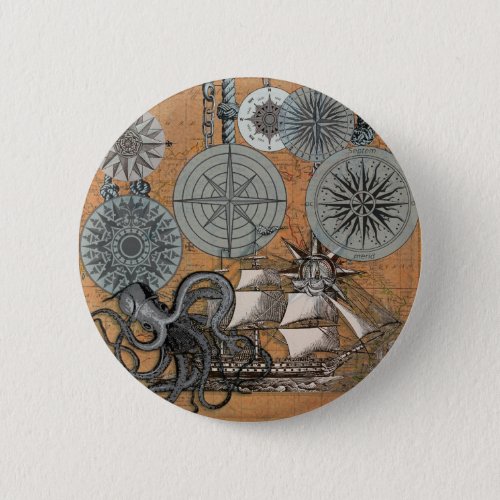 Compass Rose Vintage Nautical Octopus Ship Pinback Button