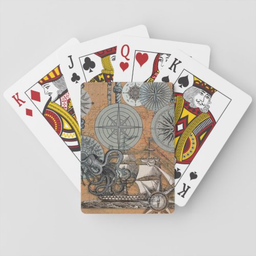 Compass Rose Vintage Nautical Octopus Ship Playing Cards