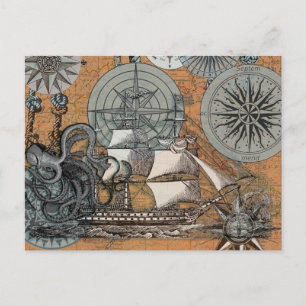 Compass Rose Vintage Nautical Octopus Ship Postcard