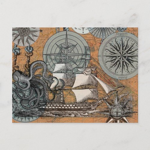 Compass Rose Vintage Nautical Octopus Ship Postcard