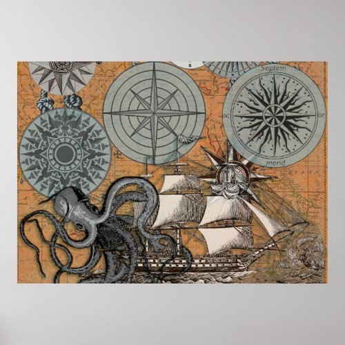 Compass Rose Vintage Nautical Octopus Ship Poster