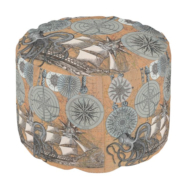 Compass Rose Vintage Nautical Octopus Ship Pouf (Angled Back)