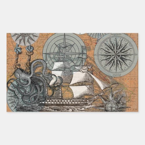 Compass Rose Vintage Nautical Octopus Ship Rectangular Sticker