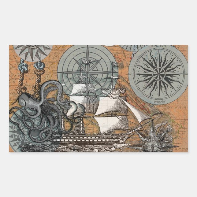 Compass Rose Vintage Nautical Octopus Ship Rectangular Sticker (Front)
