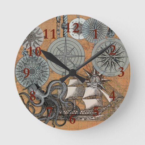 Compass Rose Vintage Nautical Octopus Ship Round Clock
