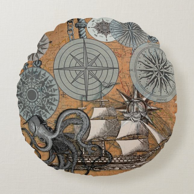 Compass Rose Vintage Nautical Octopus Ship Round Pillow (Front)