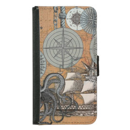 Compass Rose Vintage Nautical Octopus Ship Samsung Galaxy S5 Wallet Case