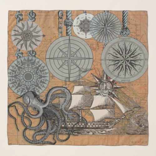 Compass Rose Vintage Nautical Octopus Ship Scarf