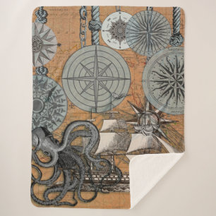 Compass Rose Vintage Nautical Octopus Ship Sherpa Blanket