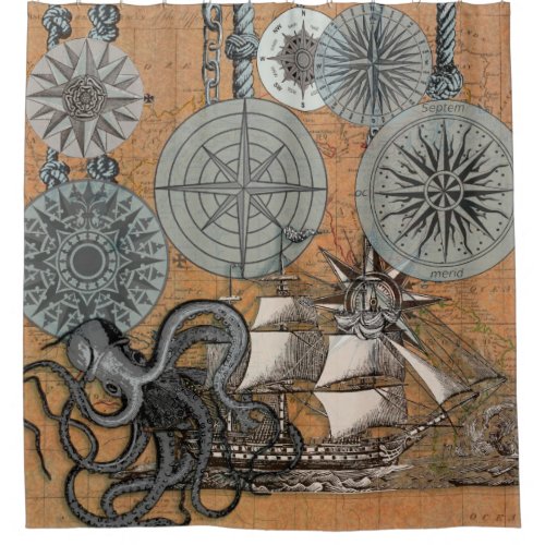 Compass Rose Vintage Nautical Octopus Ship Shower Curtain