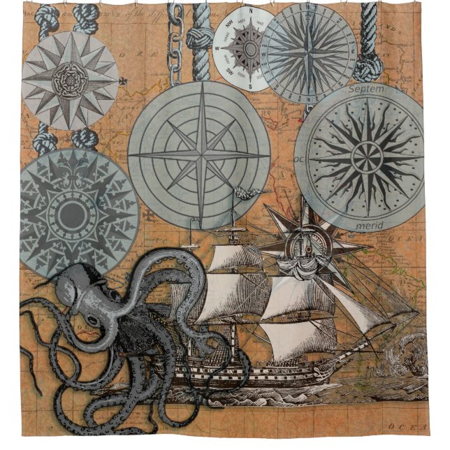 Compass Rose Vintage Nautical Octopus Ship Shower Curtain (Front)