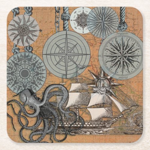 Compass Rose Vintage Nautical Octopus Ship Square Paper Coaster