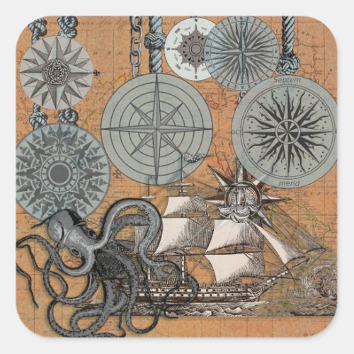 Compass Rose Vintage Nautical Octopus Ship Square Sticker