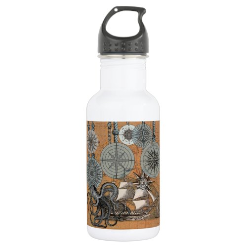Compass Rose Vintage Nautical Octopus Ship Stainless Steel Water Bottle