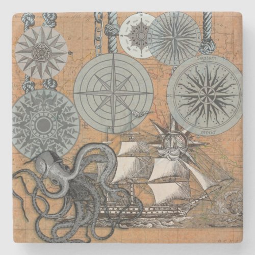 Compass Rose Vintage Nautical Octopus Ship Stone Coaster