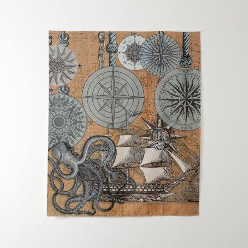 Compass Rose Vintage Nautical Octopus Ship Tapestry