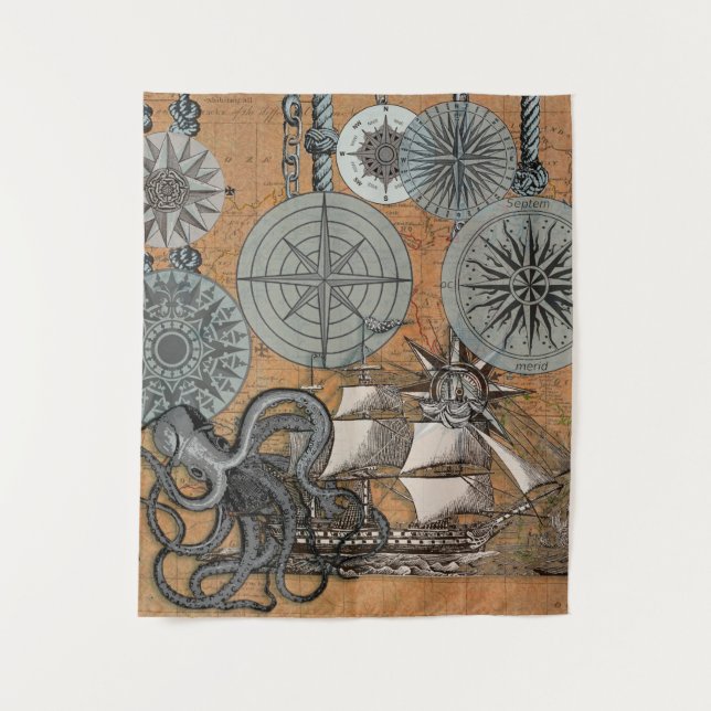 Compass Rose Vintage Nautical Octopus Ship Tapestry (Front)