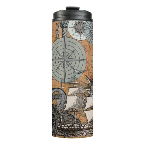 Compass Rose Vintage Nautical Octopus Ship Thermal Tumbler