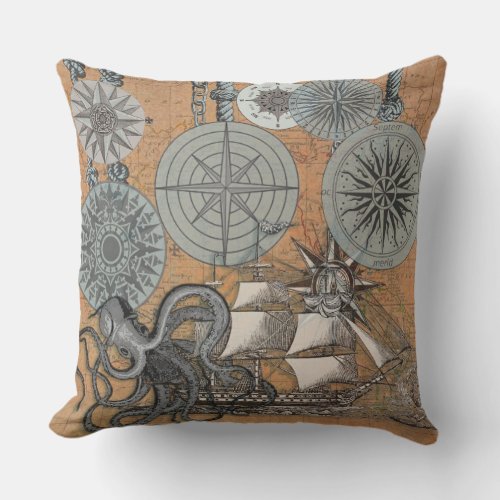 Compass Rose Vintage Nautical Octopus Ship Throw Pillow