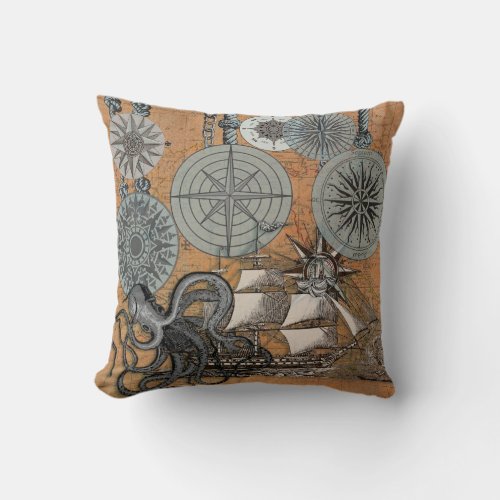 Compass Rose Vintage Nautical Octopus Ship Throw Pillow