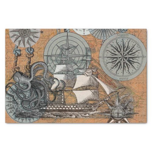 Compass Rose Vintage Nautical Octopus Ship Tissue Paper
