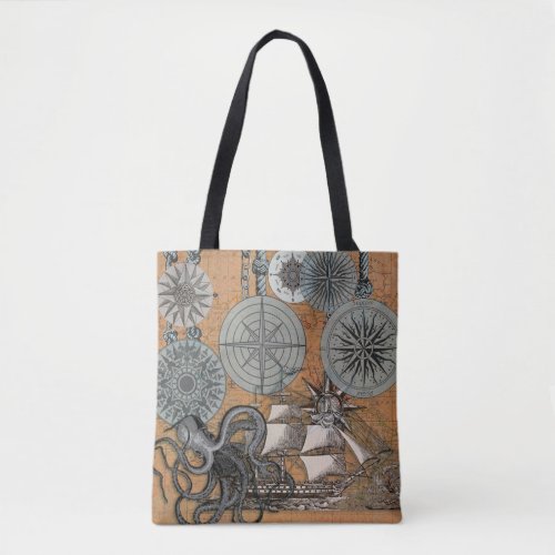 Compass Rose Vintage Nautical Octopus Ship Tote Bag