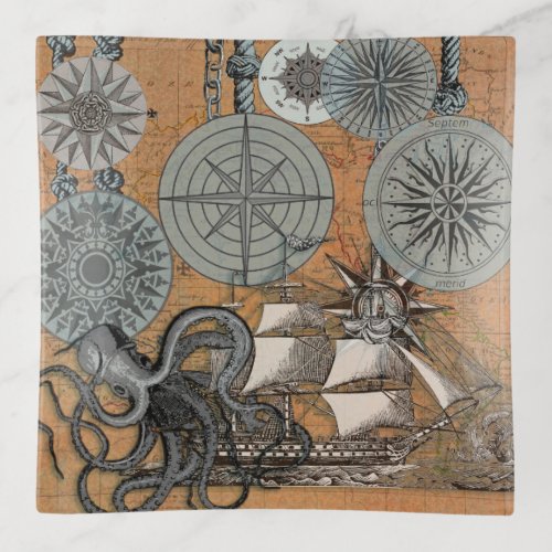 Compass Rose Vintage Nautical Octopus Ship Trinket Tray