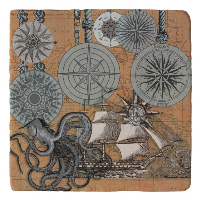 Compass Rose Vintage Nautical Octopus Ship Trivet (Front)