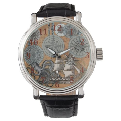 Compass Rose Vintage Nautical Octopus Ship Watch