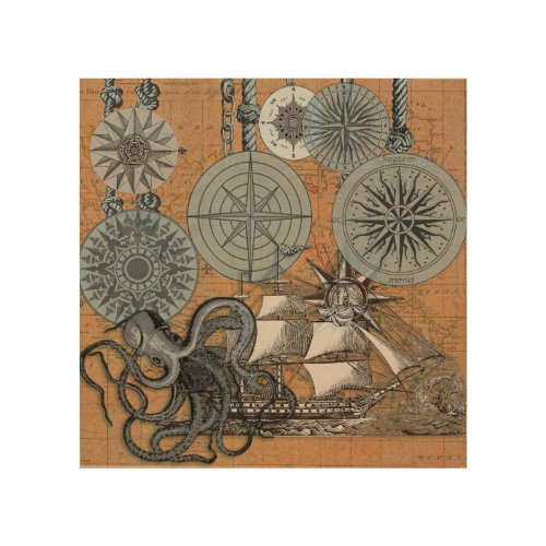 Compass Rose Vintage Nautical Octopus Ship Wood Wall Art