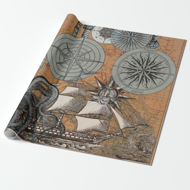 Compass Rose Vintage Nautical Octopus Ship Wrapping Paper (Unrolled)