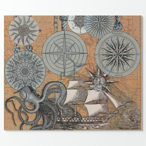 Compass Rose Vintage Nautical Octopus Ship Wrapping Paper