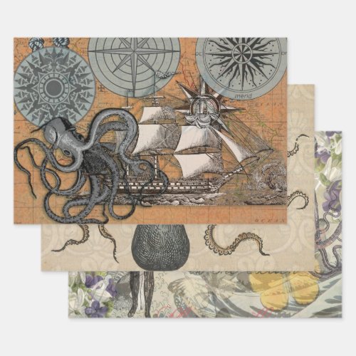 Compass Rose Vintage Nautical Octopus Ship Wrapping Paper Sheets