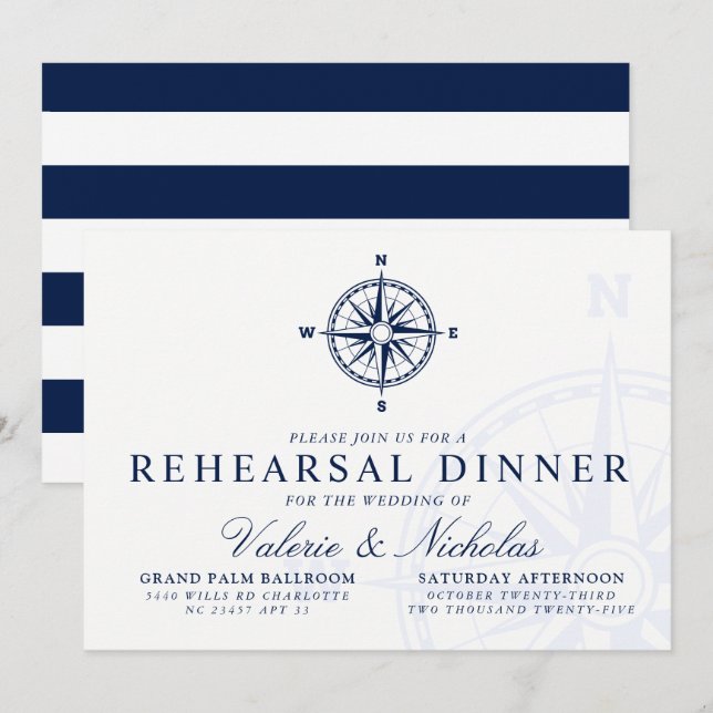 Compass Rose Wedding Rehearsal Dinner Invitation (Front/Back)