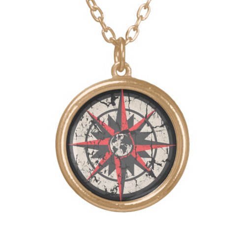 Compass Rose with Globe Distressed Gold Plated Necklace