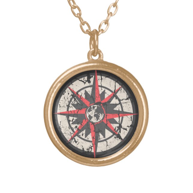 Compass Rose with Globe, Distressed Gold Plated Necklace (Front)