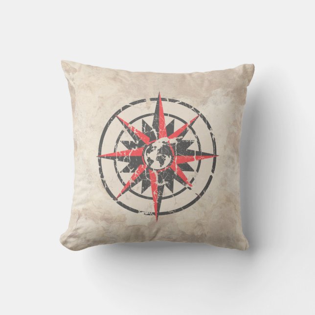 Compass Rose with Globe, Distressed Throw Pillow (Front)