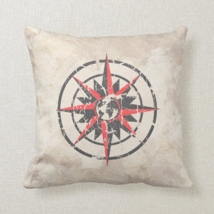 Compass Rose with Globe, Distressed Throw Pillow