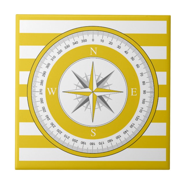 Compass Rose Yellow and White Stripes Ceramic Tile (Front)