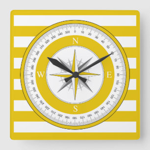 Compass Rose Yellow and White Stripes Square Wall Clock