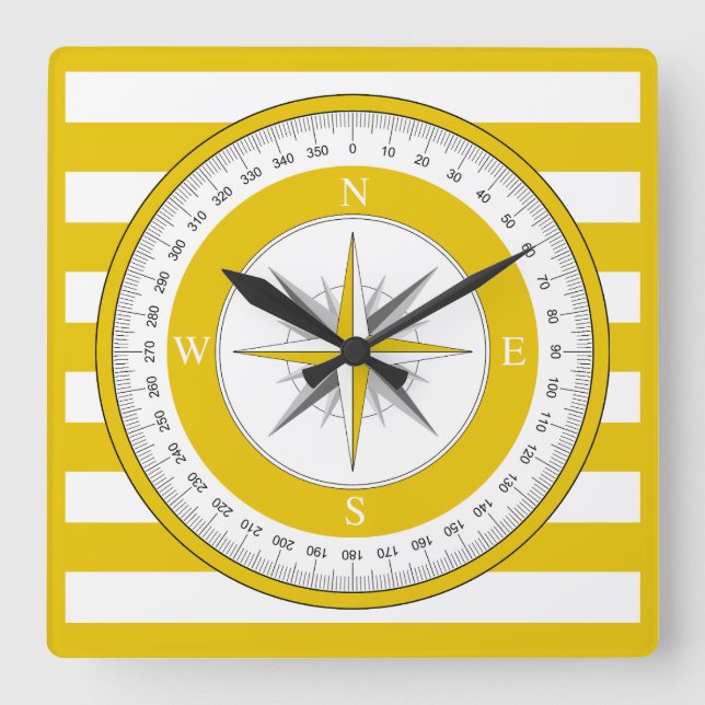 Compass Rose Yellow and White Stripes Square Wall Clock (Front)