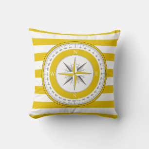 Compass Rose Yellow and White Stripes Throw Pillow