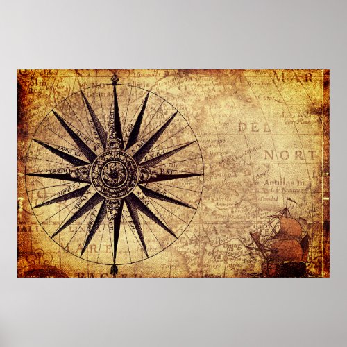 Compass Sailing Ship Discovery Age World Map Poster