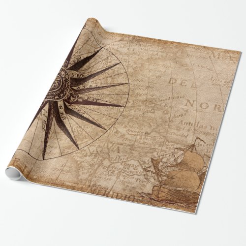 Compass Sailing Ship Discovery Age World Map Wrapping Paper