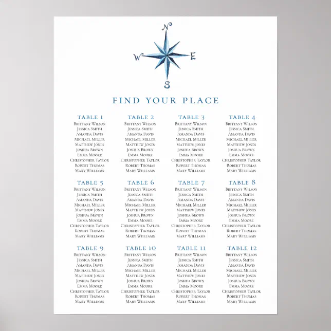Compass seating chart print. Nautical wedding | Zazzle