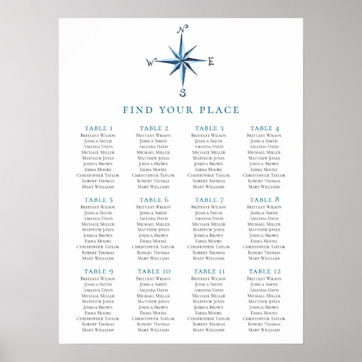 Compass seating chart print. Nautical wedding | Zazzle