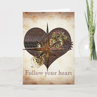 Compass Star and Heart Steampunk Valentine Holiday Card