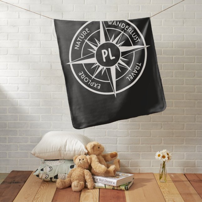 Compass star emblem monogram black and white baby blanket (In Situ)