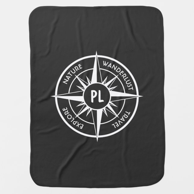 Compass star emblem monogram black and white baby blanket (Front)
